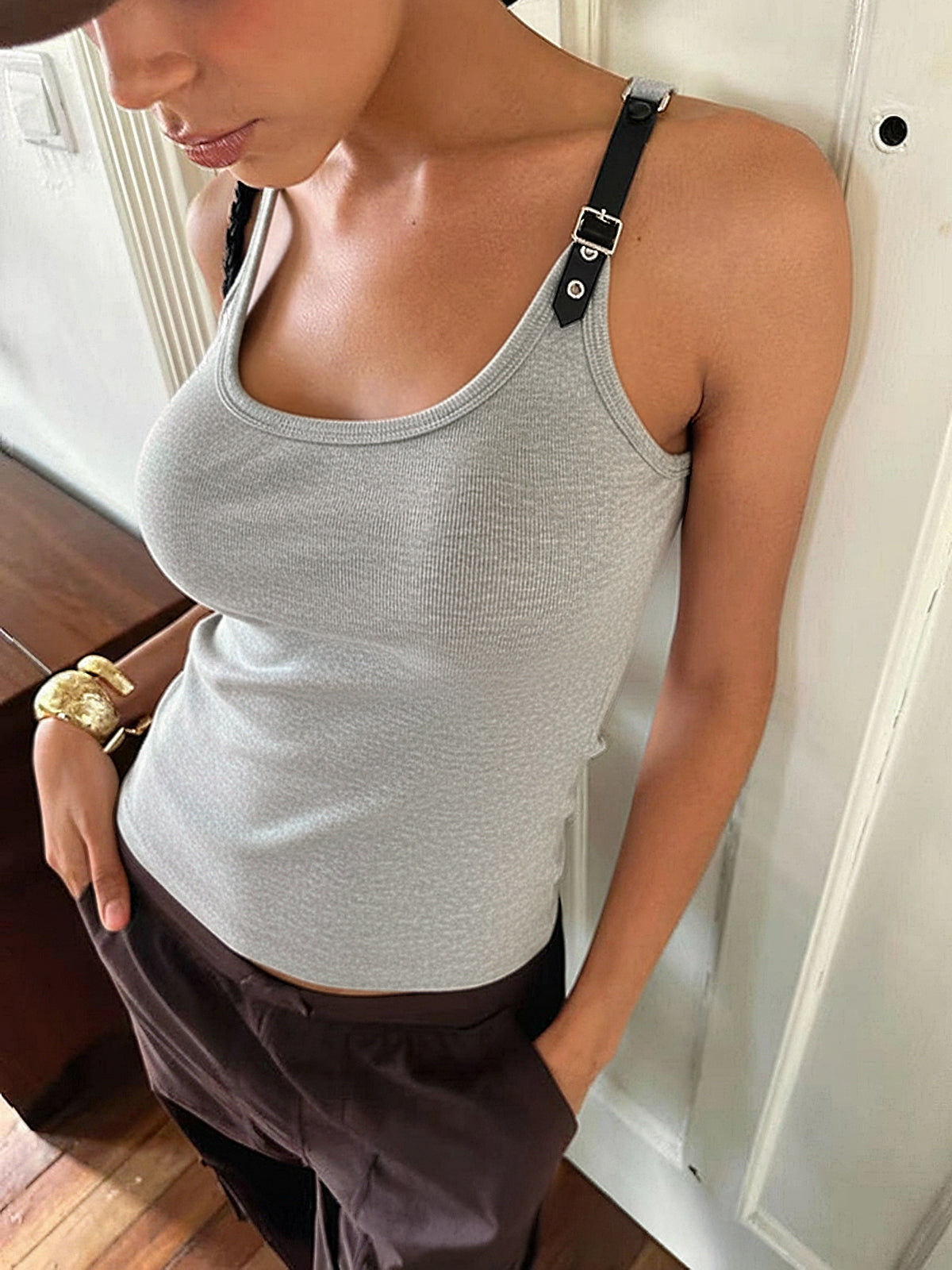 Ribbed Stretchy Faux Leather Buckle Vintage Tank Top with Adjustable Straps