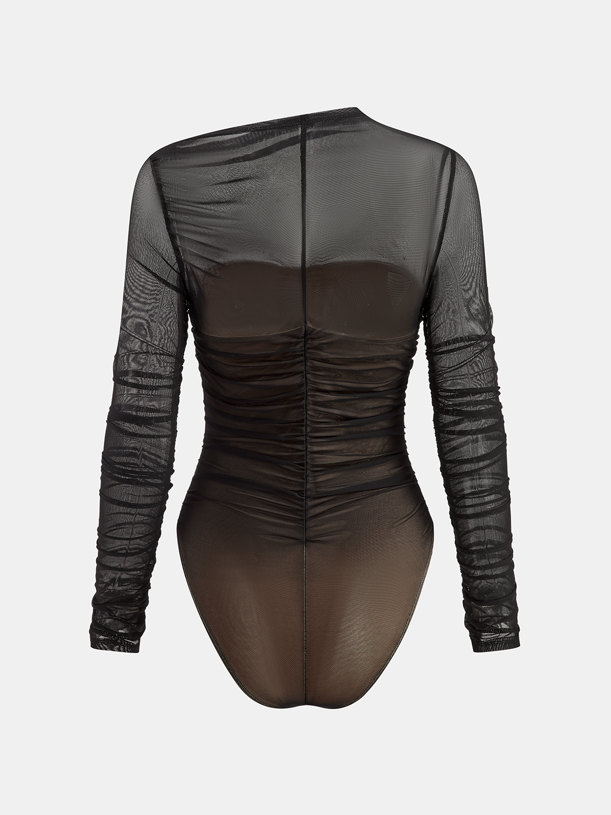 Sheer Mesh Ruched Long Sleeve Bodysuit Women's Fashion Trendy Top