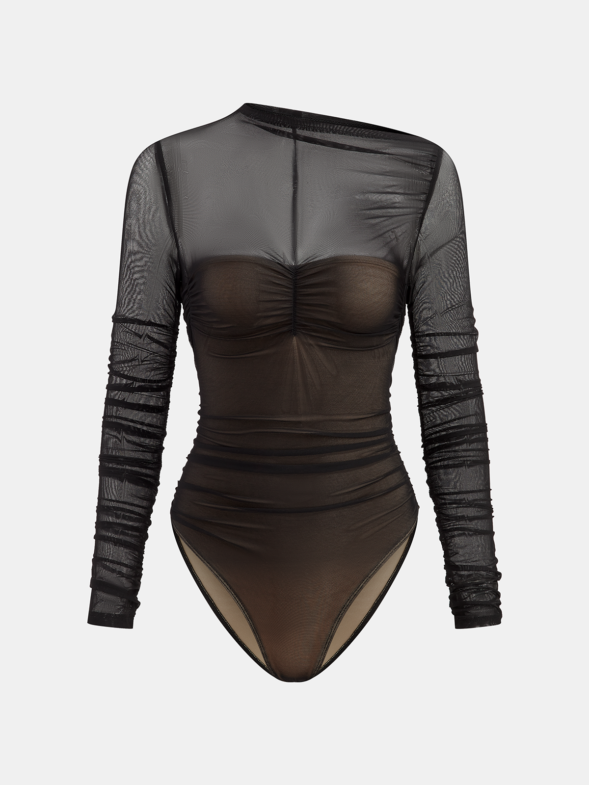 Sheer Mesh Ruched Long Sleeve Bodysuit Women's Fashion Trendy Top