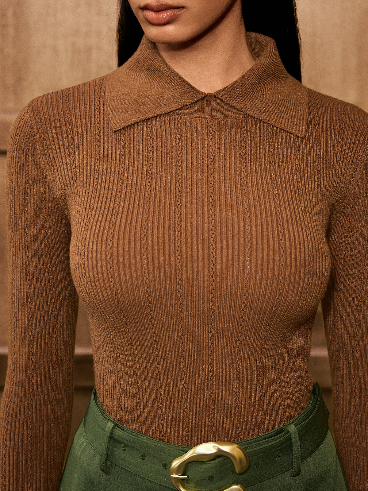 Wool Blend Collared Long Sleeve Knit Top for Women Comfort Fit
