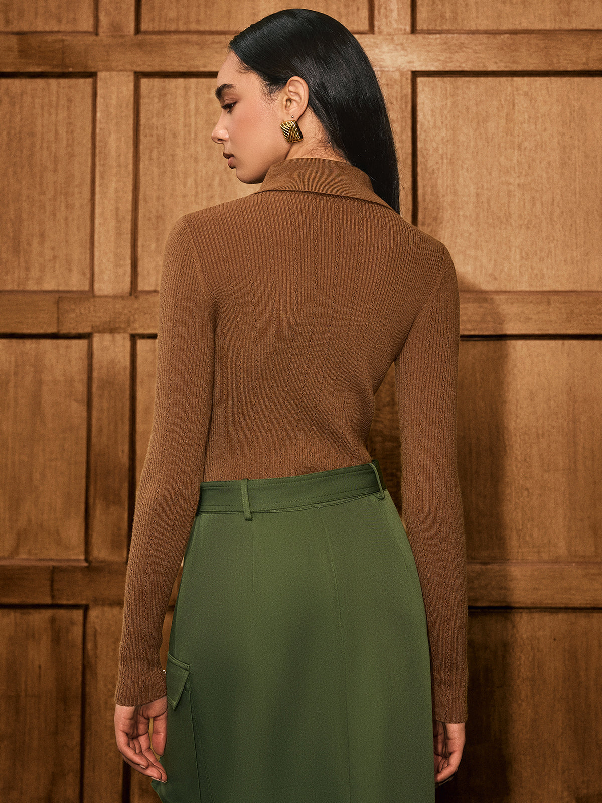 Wool Blend Collared Long Sleeve Knit Top for Women Comfort Fit