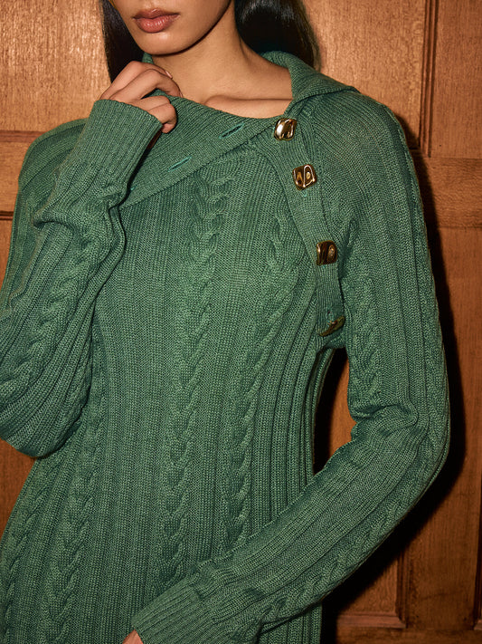 "Asymmetric Collar Cable-Knit Sweater Dress Stylish Winter Apparel"