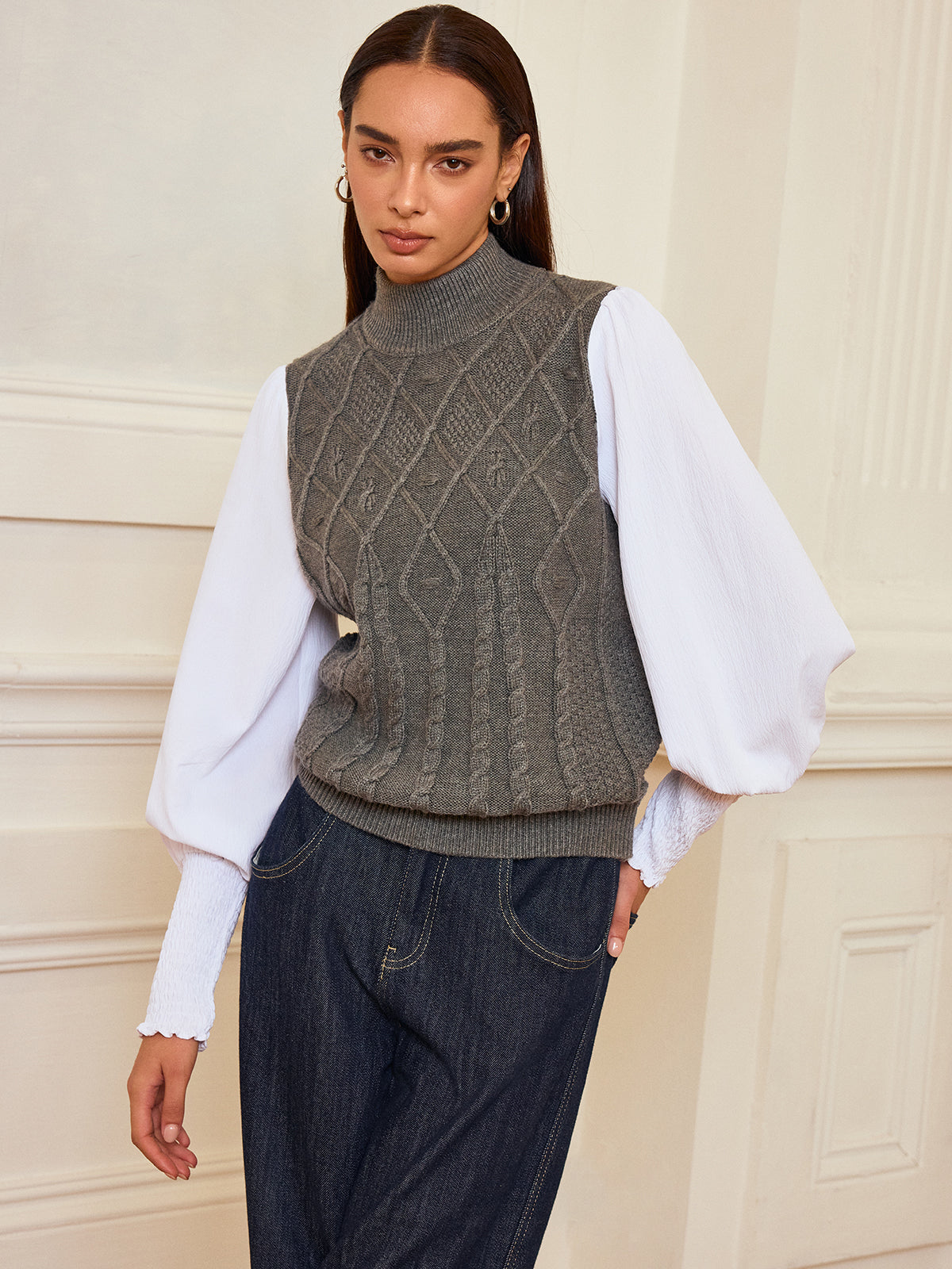 Leg-Of-Mutton Sleeve Panel Cable-Knit Sweater with Cozy Winter Design