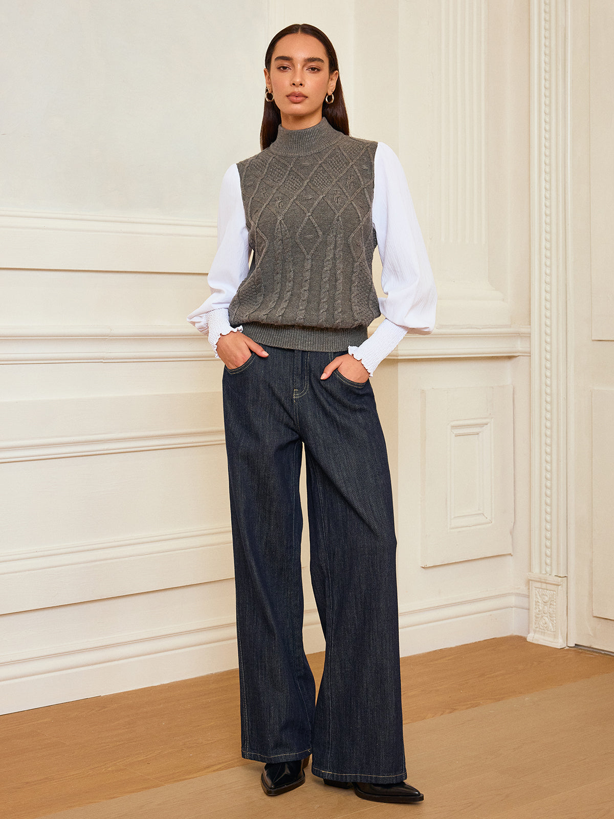 Leg-Of-Mutton Sleeve Panel Cable-Knit Sweater with Cozy Winter Design