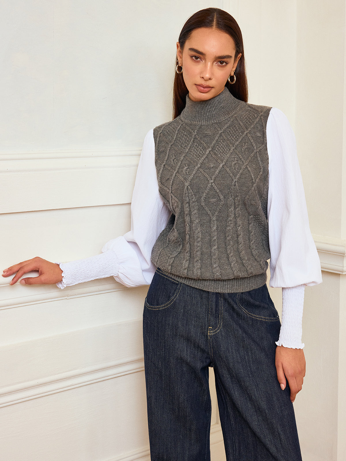 Leg-Of-Mutton Sleeve Panel Cable-Knit Sweater with Cozy Winter Design