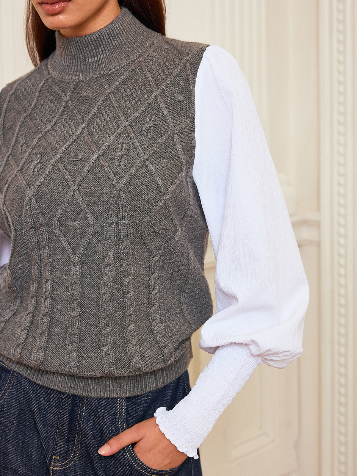 Leg-Of-Mutton Sleeve Panel Cable-Knit Sweater with Cozy Winter Design