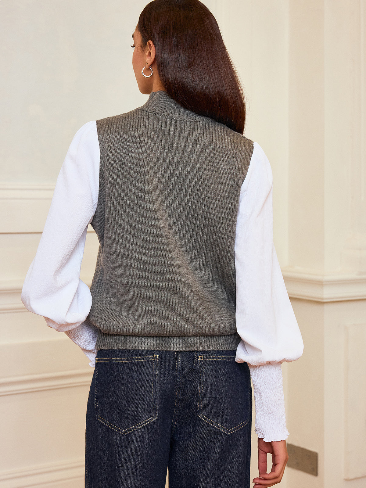 Leg-Of-Mutton Sleeve Panel Cable-Knit Sweater with Cozy Winter Design