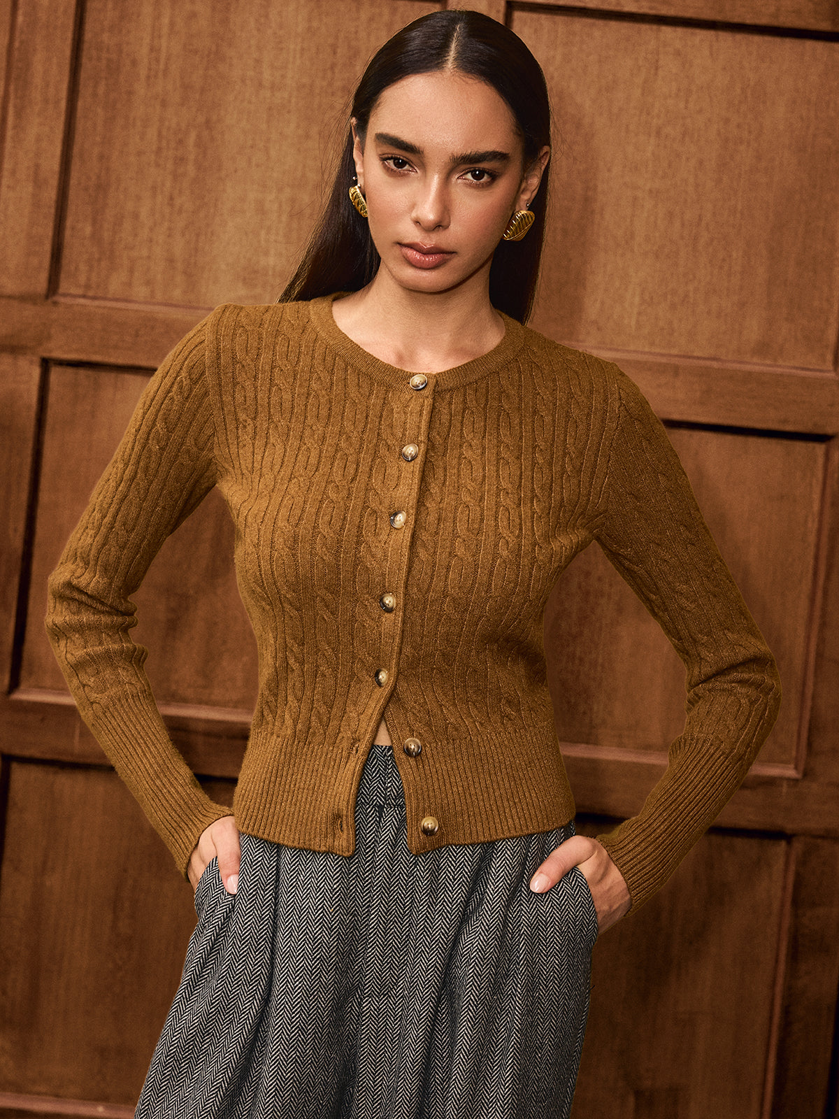 Button-Front Cable-Knit Cardigan with Pockets for Women