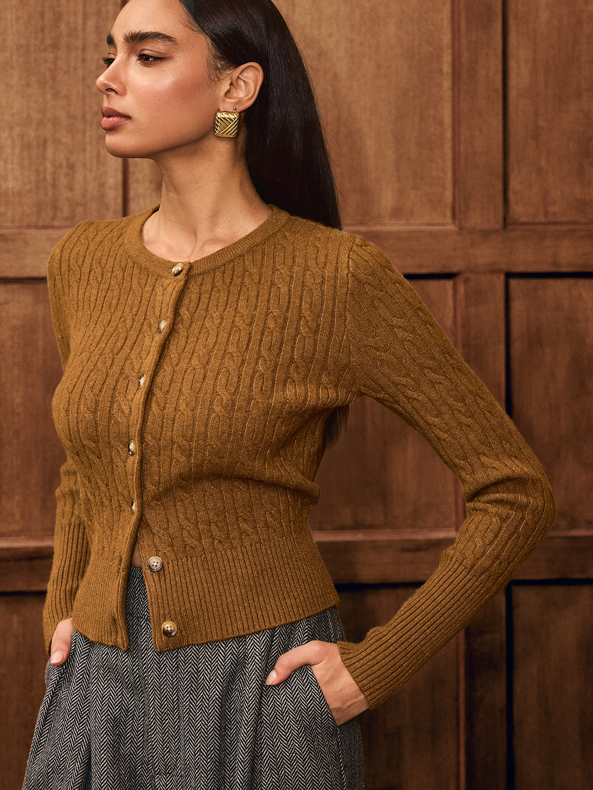 Button-Front Cable-Knit Cardigan with Pockets for Women