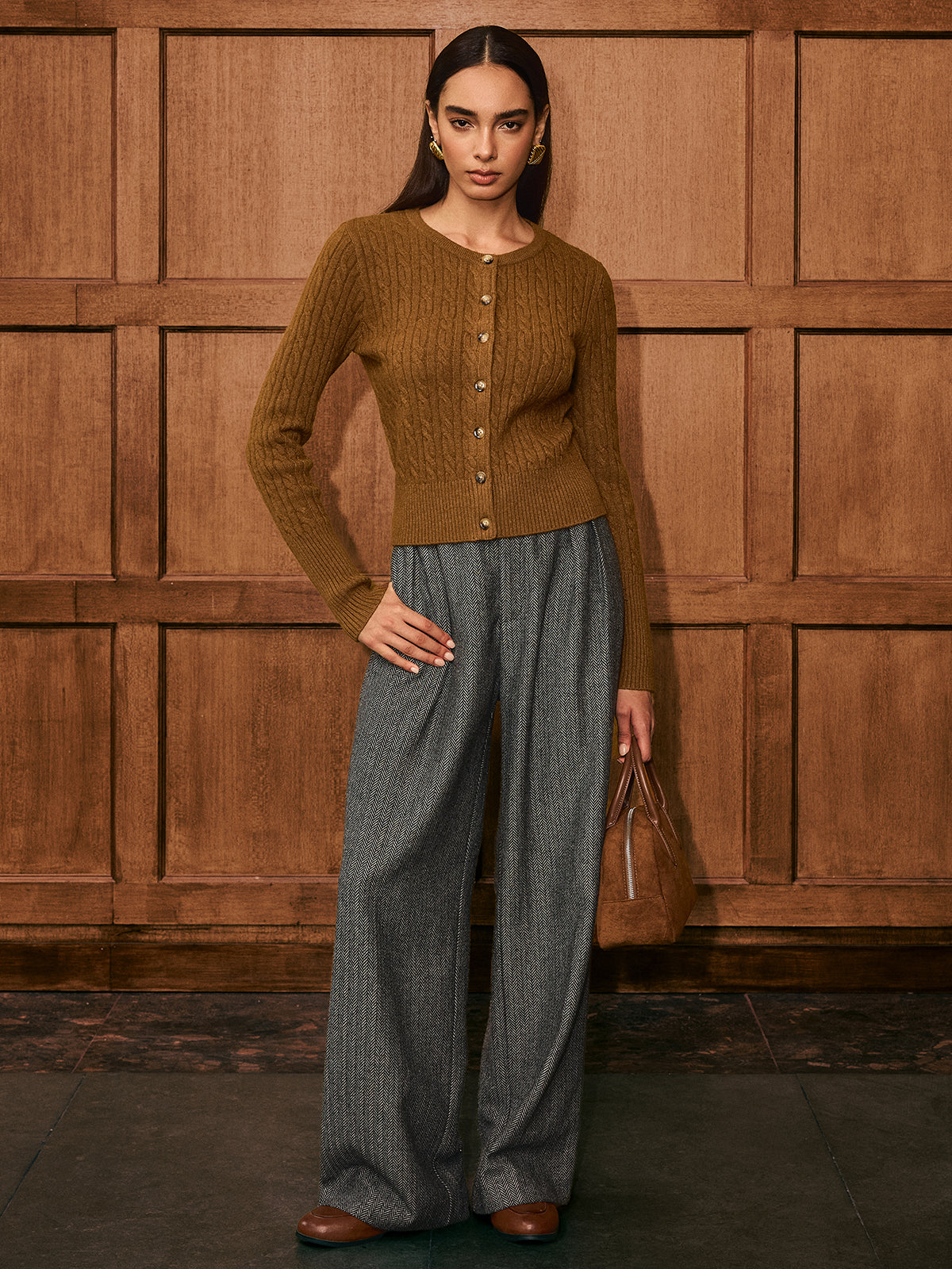 Button-Front Cable-Knit Cardigan with Pockets for Women