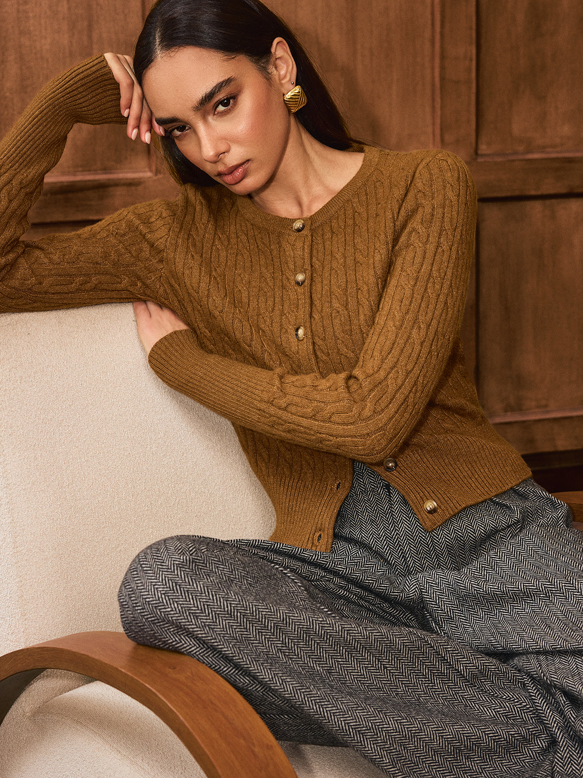 Button-Front Cable-Knit Cardigan with Pockets for Women