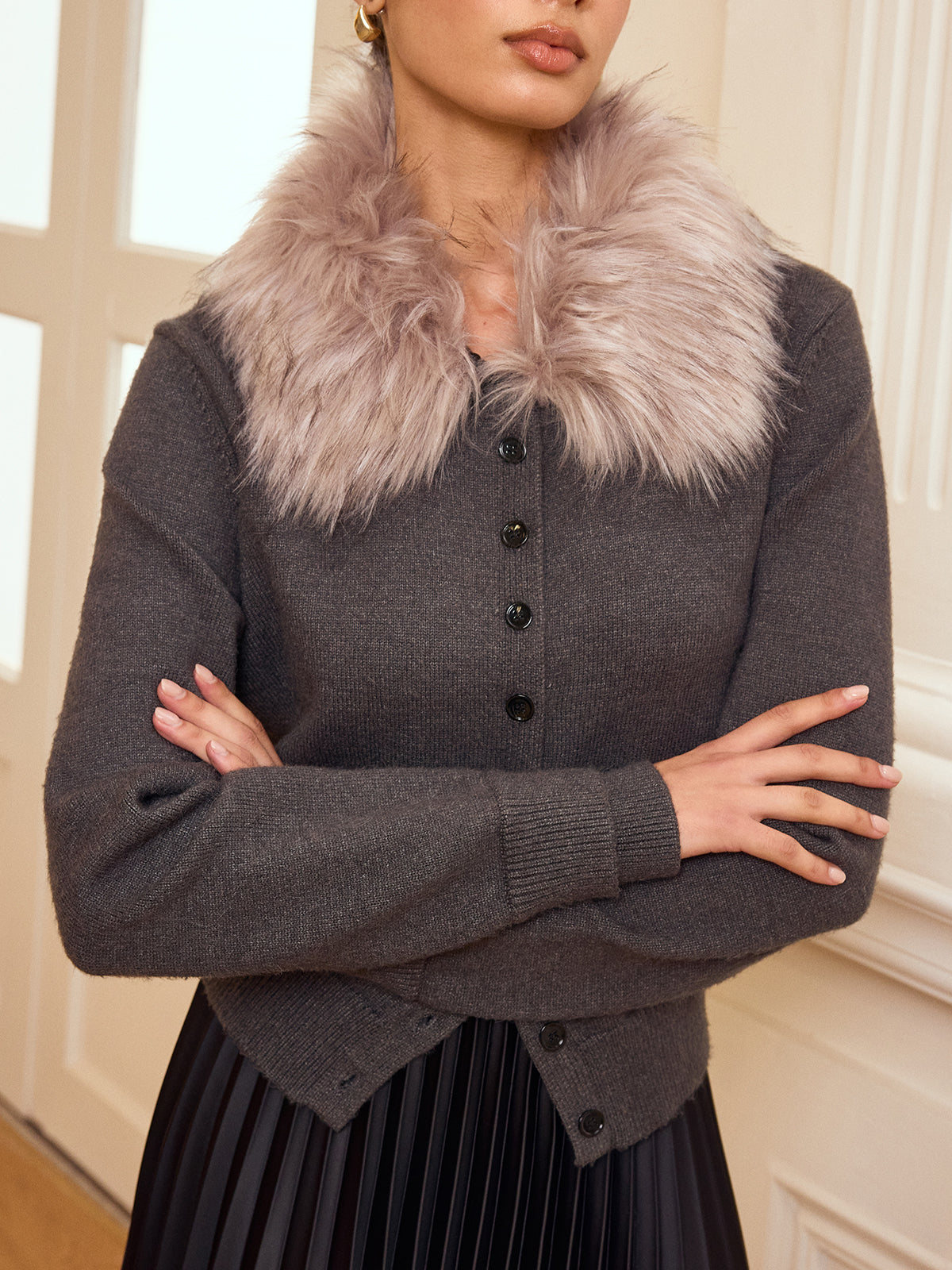 Faux Fur Collar Button-Front Cardigan Stylish Winter Essential
