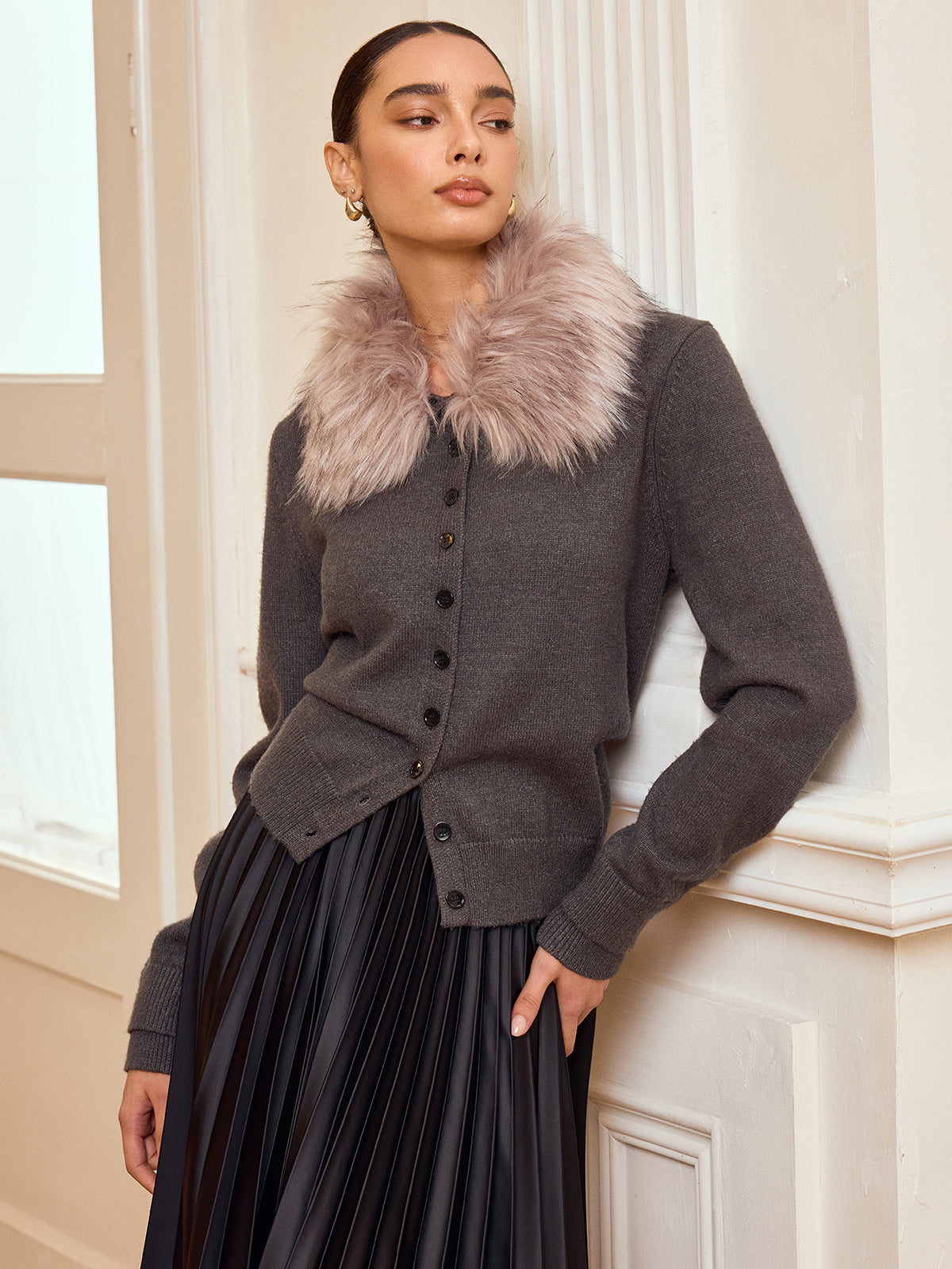 Faux Fur Collar Button-Front Cardigan Stylish Winter Essential