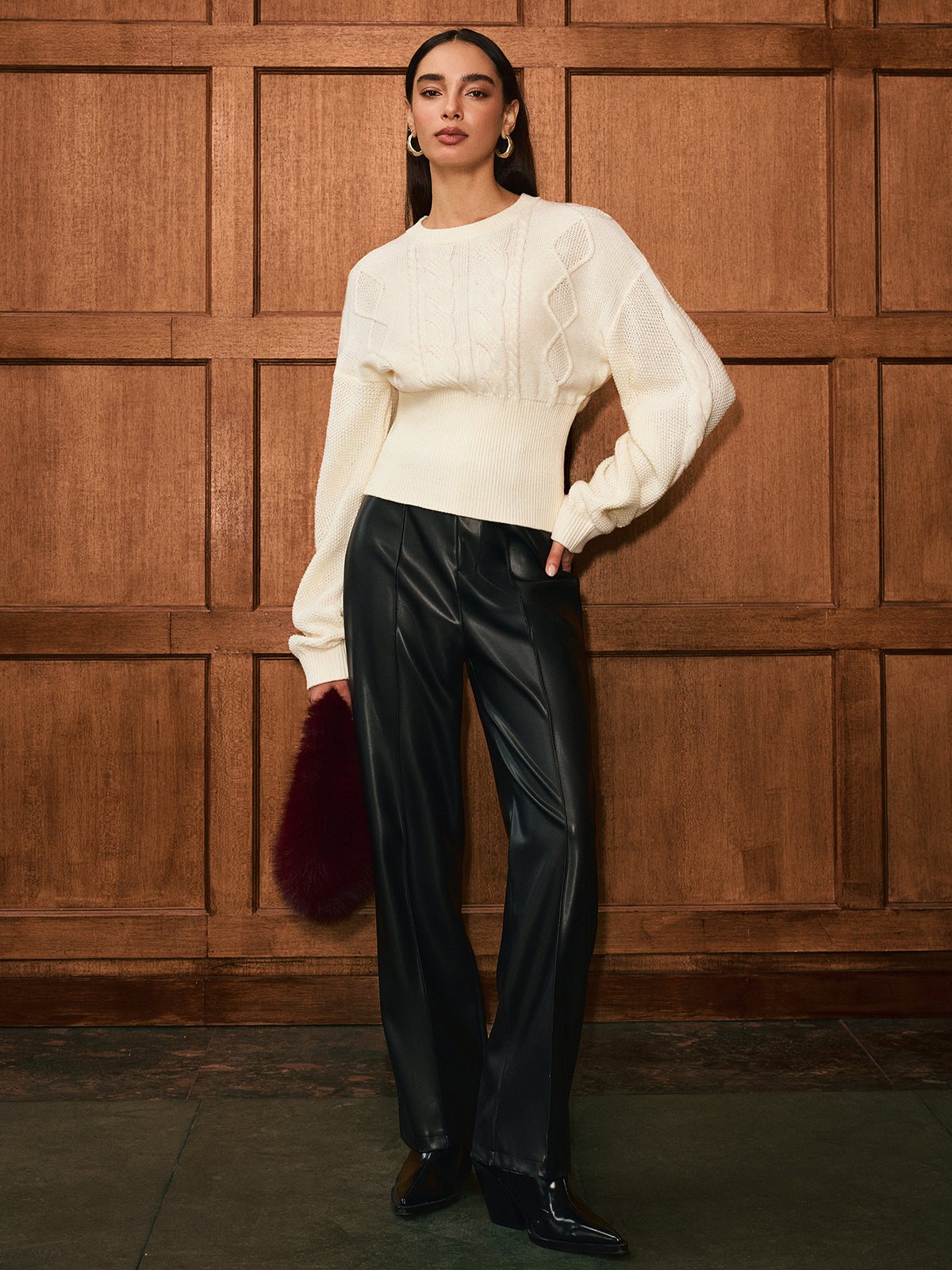 Cinched Waist Cable-Knit Wool-Blend Sweater Cozy Winter Fashion Essential