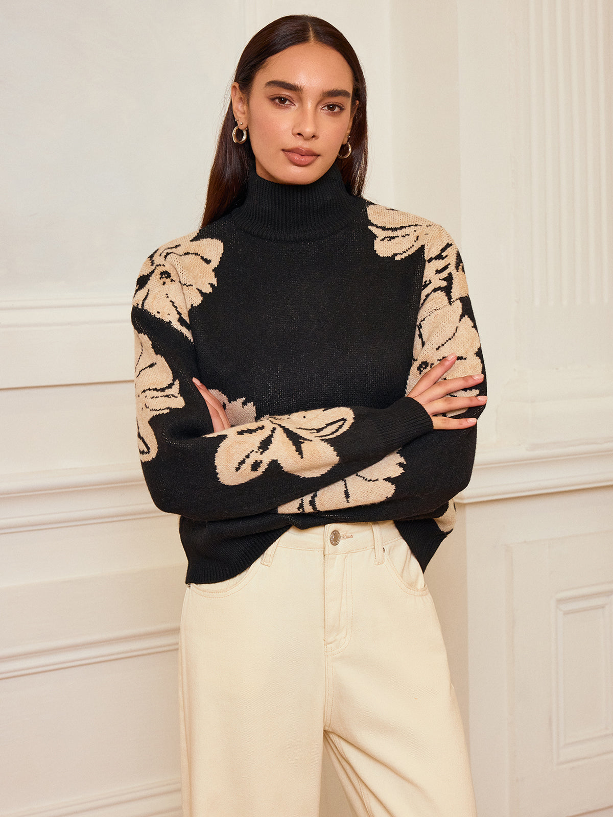 Floral Turtleneck Knit Top Comfortable Lightweight Women's Style