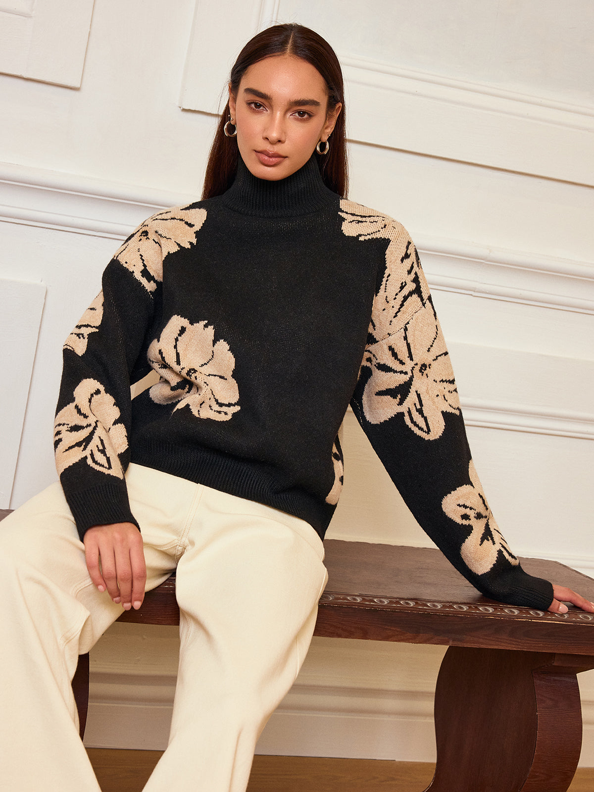 Floral Turtleneck Knit Top Comfortable Lightweight Women's Style