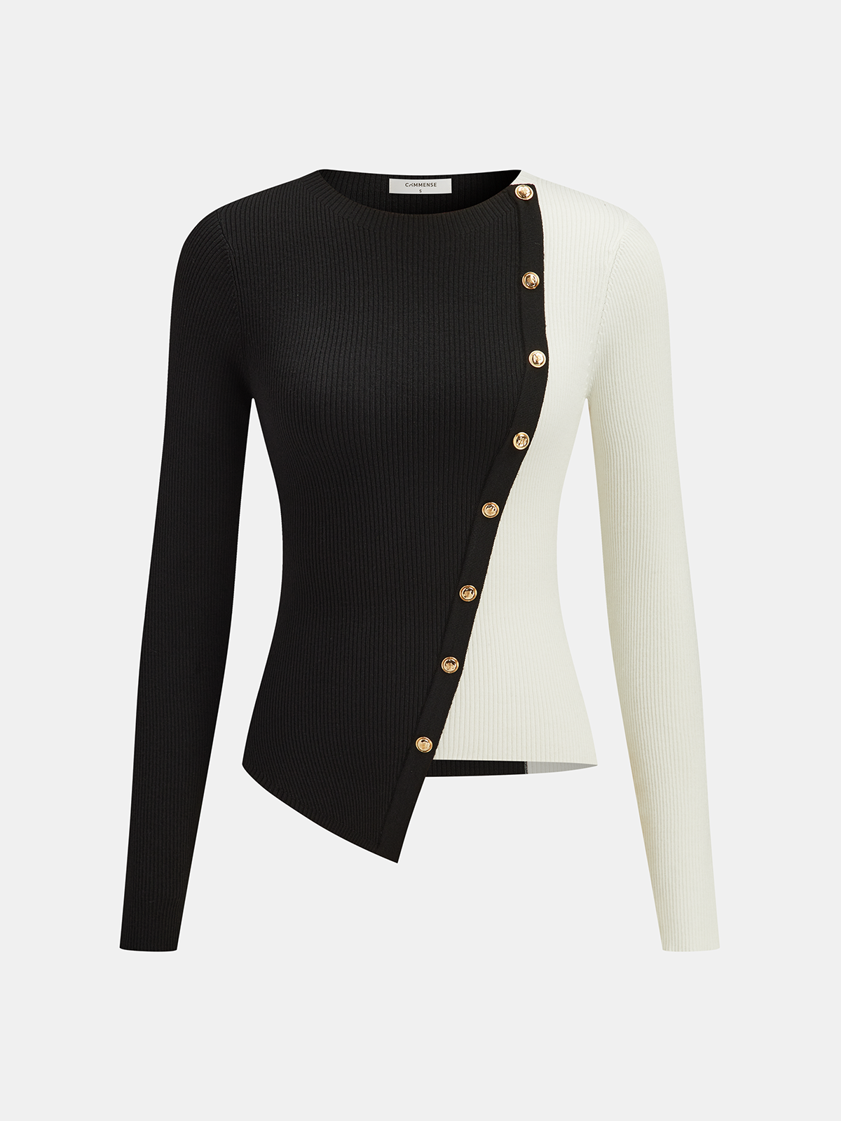 Asymmetric Color Block Metal Button Ribbed Knit Top for Women Trendy Casual
