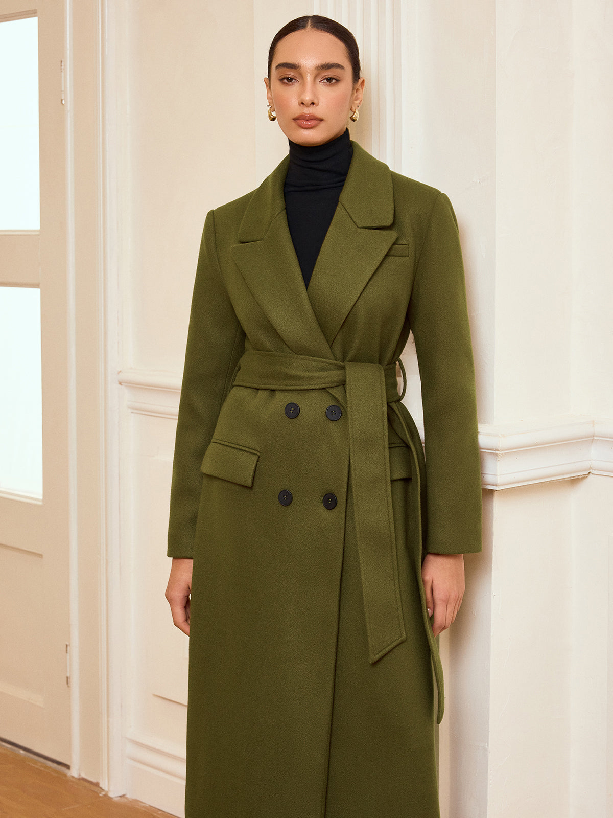 Double-Breasted Belted Long Coat for Women Winter Elegance
