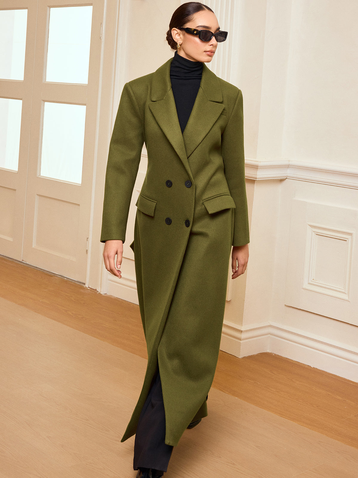 Double-Breasted Belted Long Coat for Women Winter Elegance