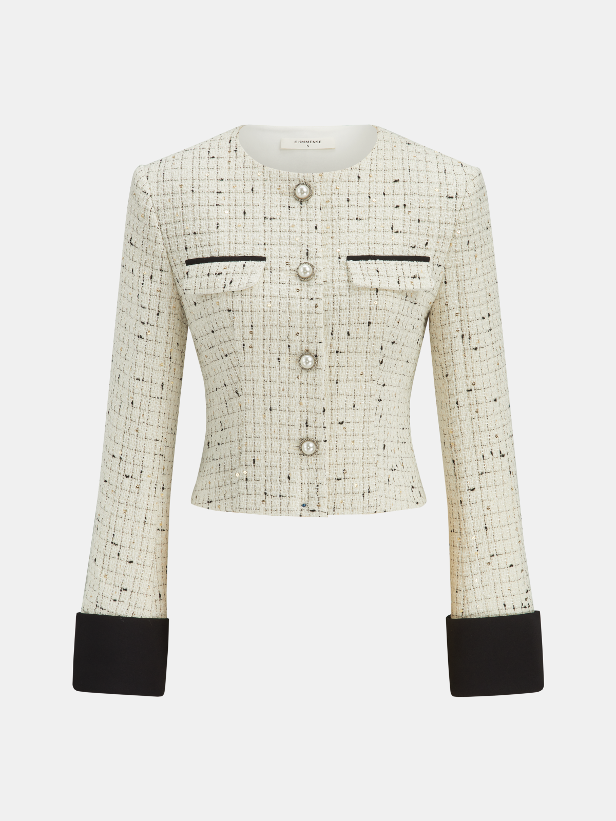 Contrast Cuff Pearl Button Tweed Jacket - Elegant Women's Classic Style Outerwear