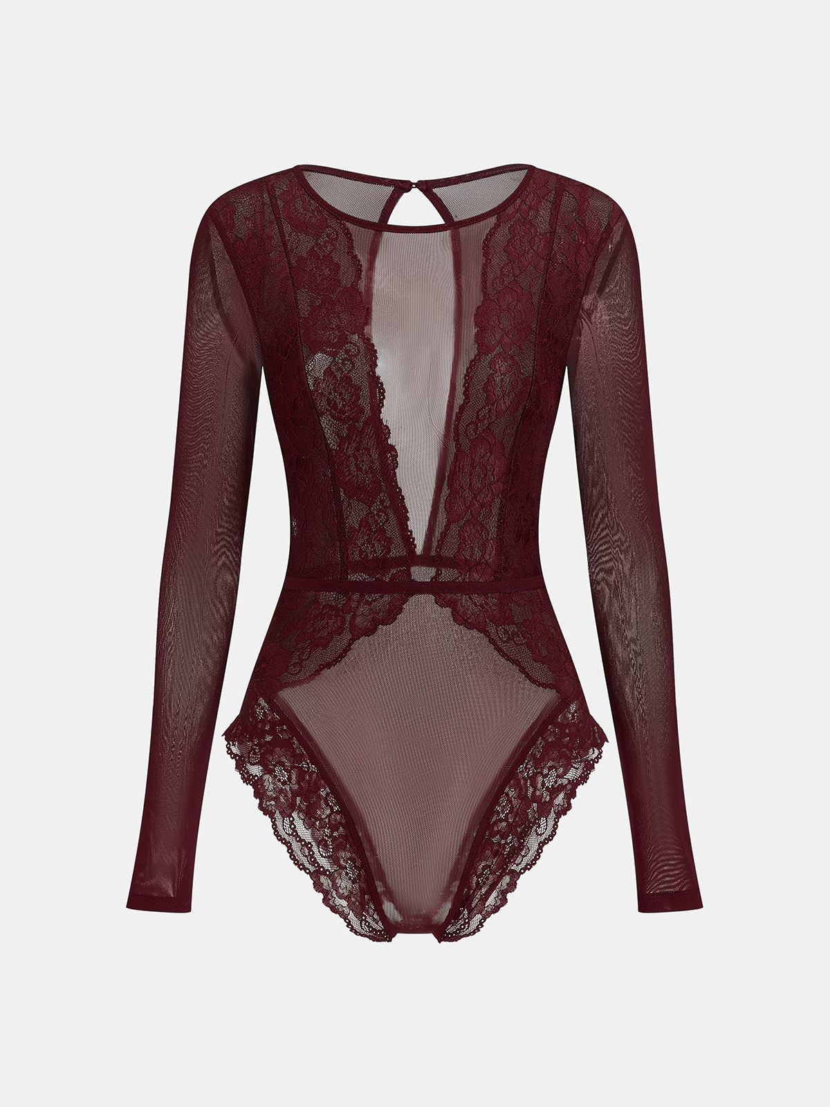 Long Sleeve Sheer Lace Mesh Bodysuit with Elegant High Neck Design