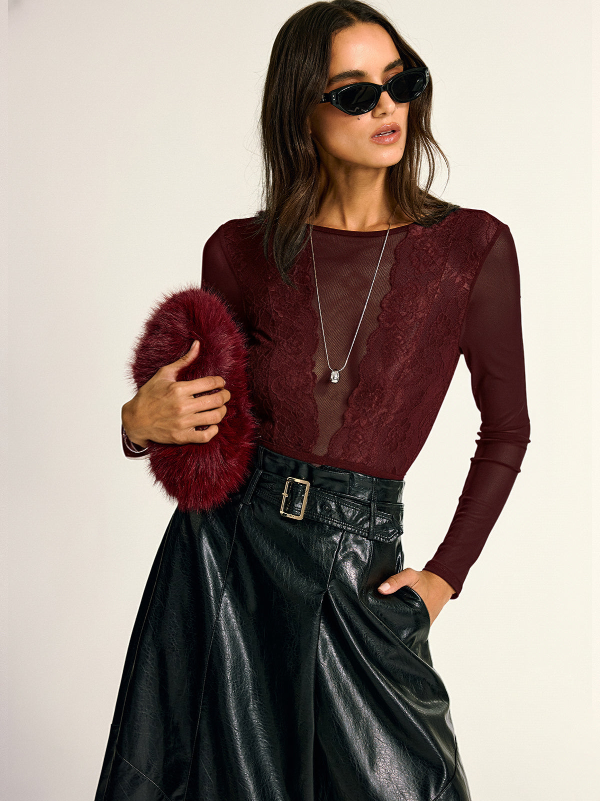 Long Sleeve Sheer Lace Mesh Bodysuit with Elegant High Neck Design