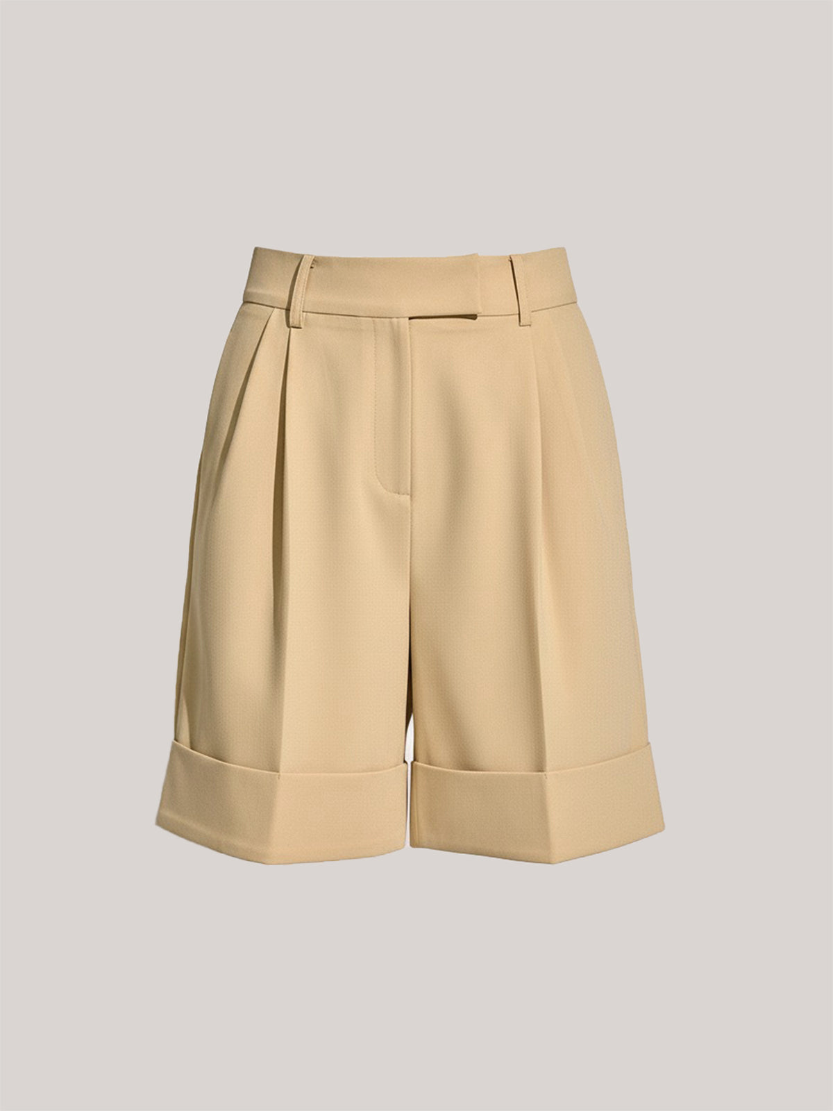 Pocket Mid-Waist Pleated Cuffed Shorts, Elastic Versatile Summer Casual Wear