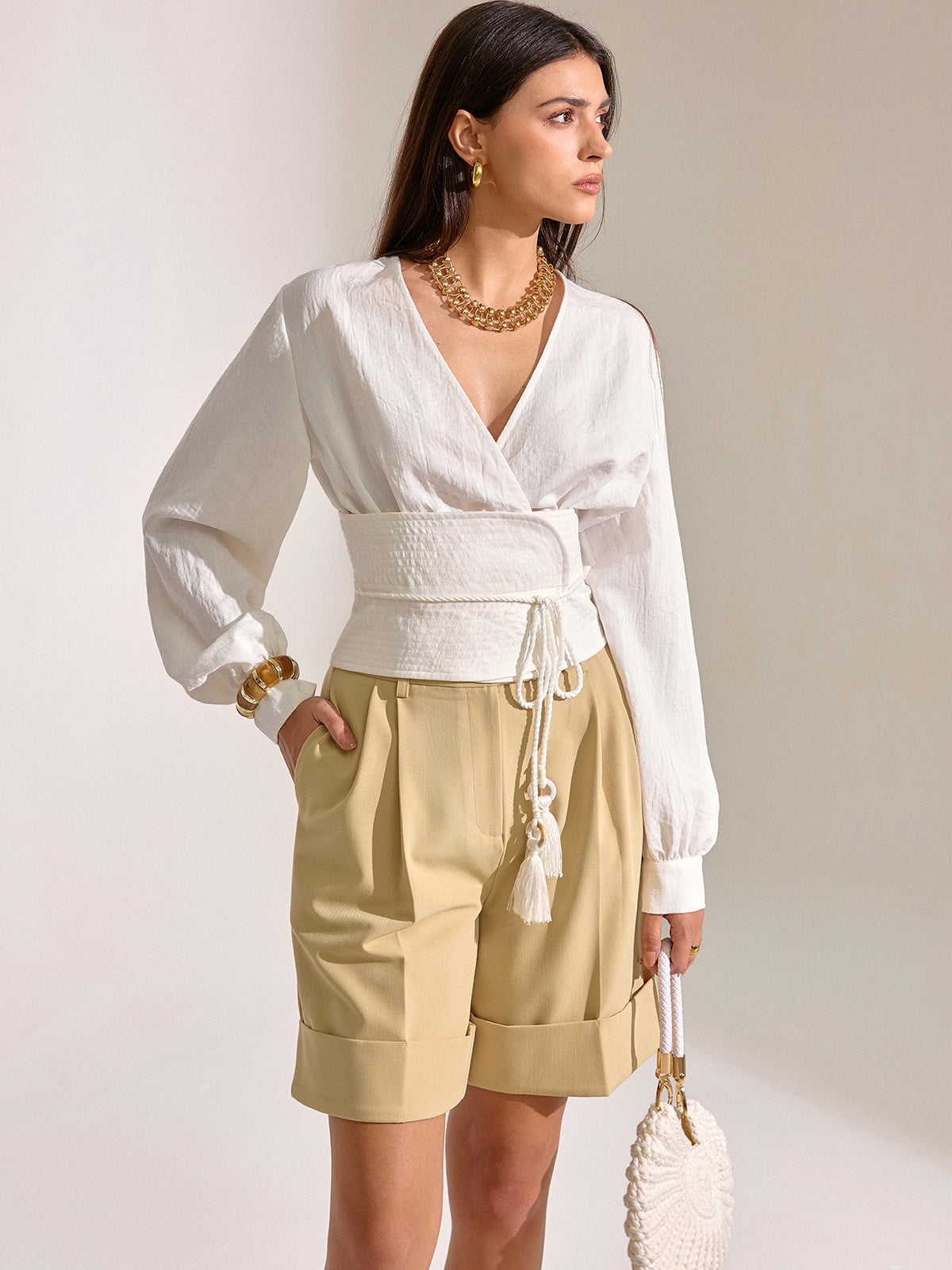 Pocket Mid-Waist Pleated Cuffed Shorts, Elastic Versatile Summer Casual Wear