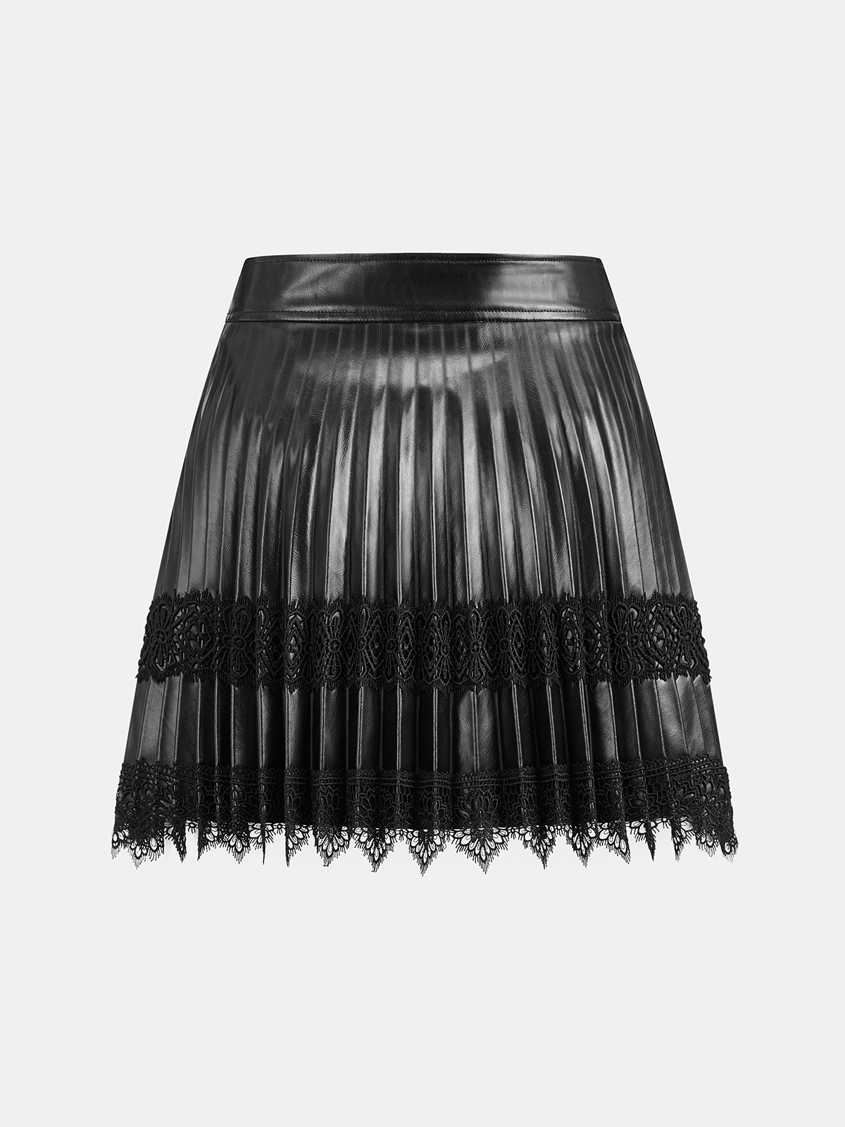 Faux Leather Pleated Lace Mini Skirt with High Waist Fit
