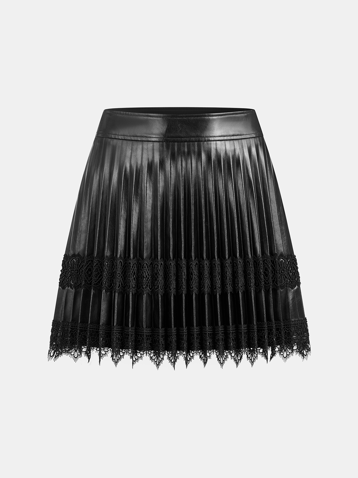 Faux Leather Pleated Lace Mini Skirt with High Waist Fit