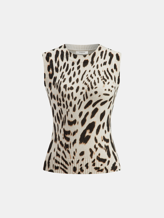 Wool-Blend Leopard Print Knit Vest for Women Fall Fashion