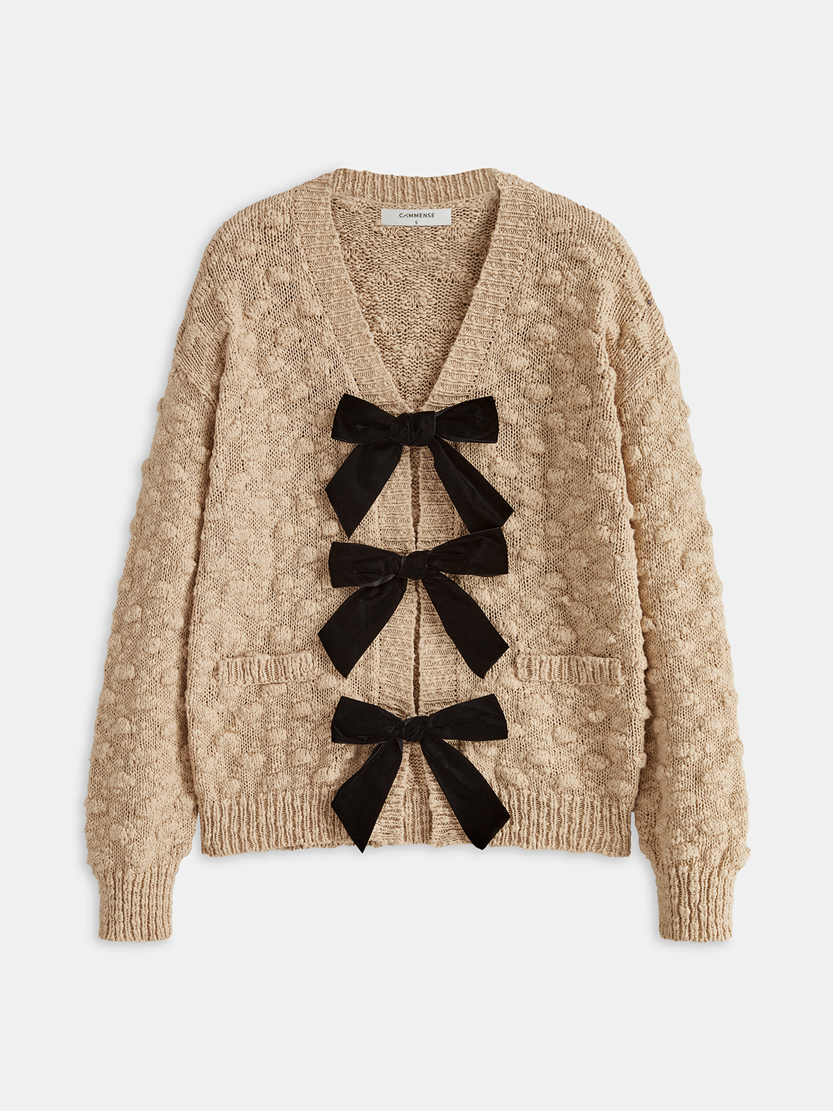 Bow Detail Textured Knit Cardigan with Decorative Buttons