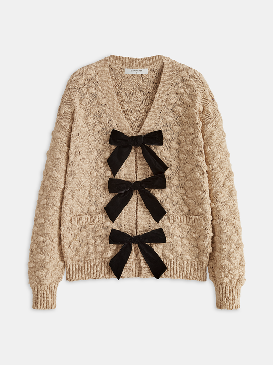 Bow Detail Textured Knit Cardigan with Decorative Buttons