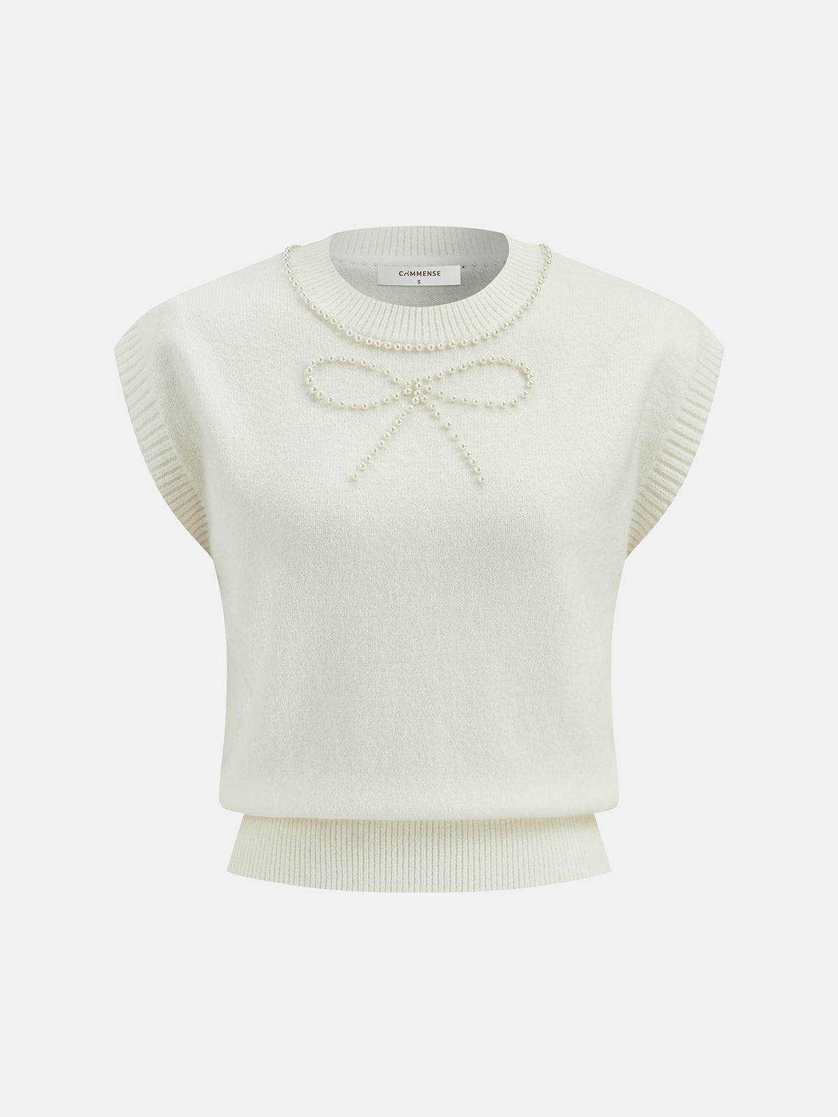Pearl Bow Detail Cap Sleeve Knit Vest, Elegant Women's Layering Fashion Top