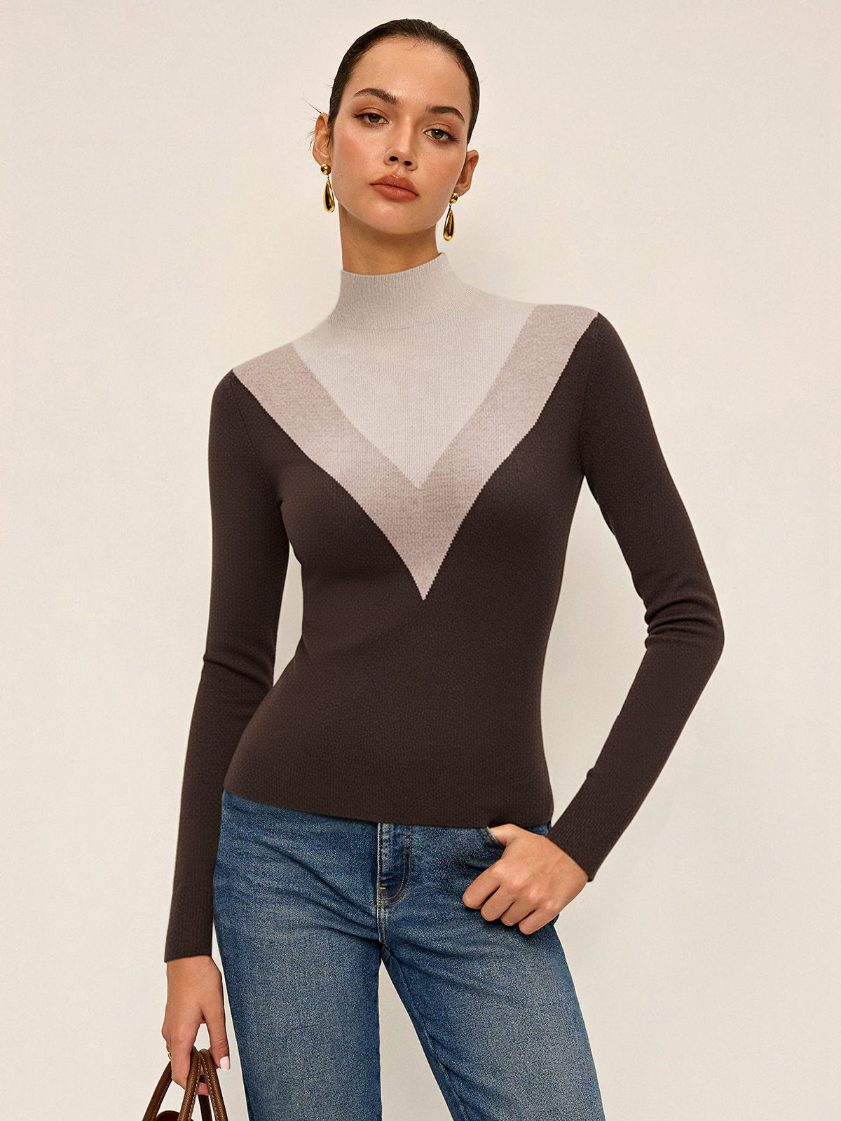 Color Block Mock Neck Fitted Knit Top Stylish Comfortable Women's Apparel