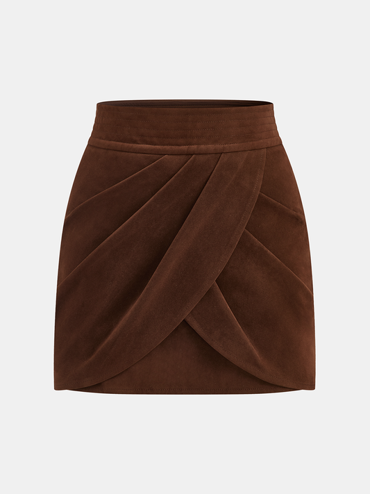 Asymmetric Pleated Suede Effect Mini Skirt Trendy Women's Fashion Casual