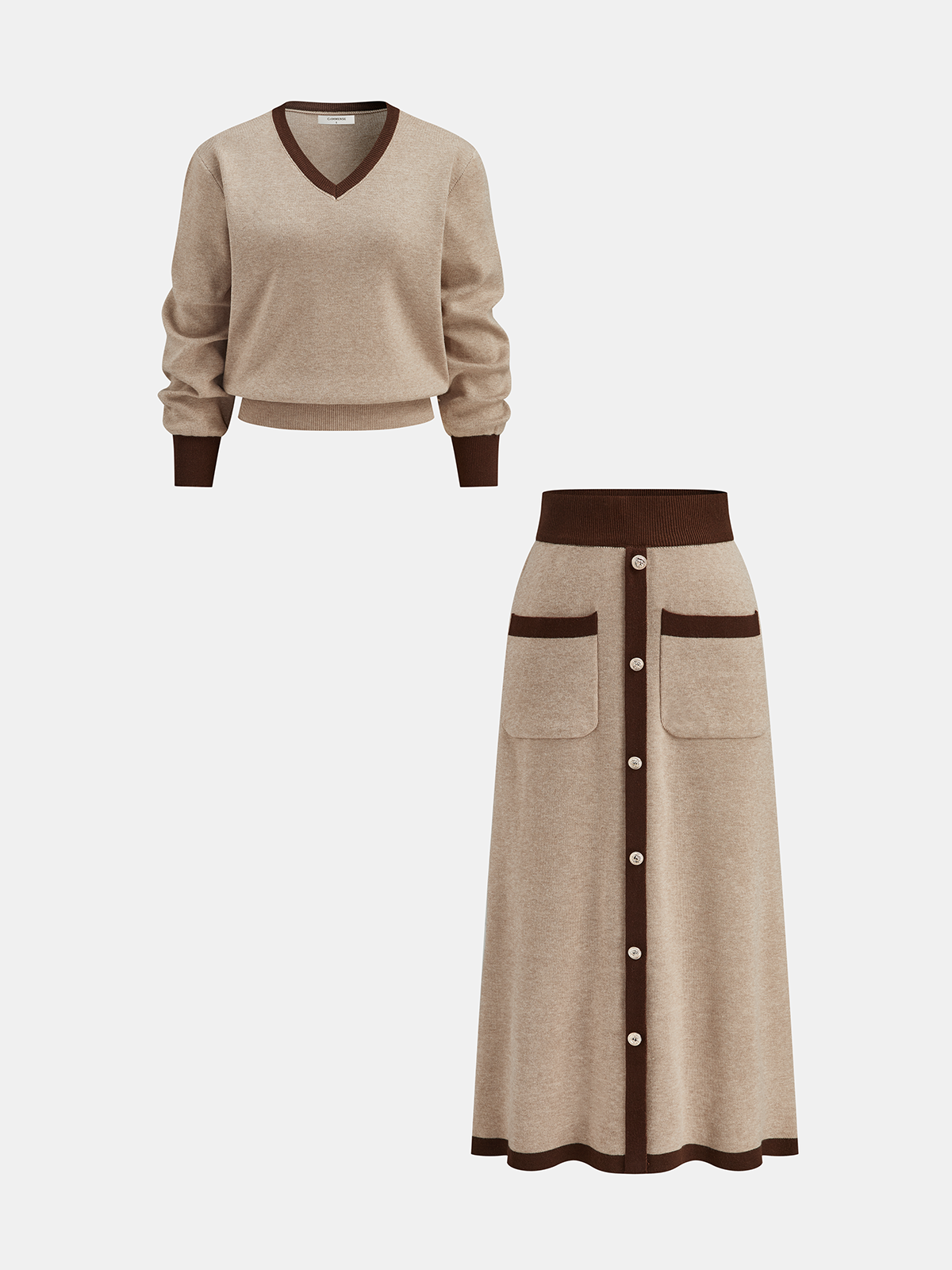 Contrast Trim Knit Top and Midi Skirt Set Women's Fashion Staple