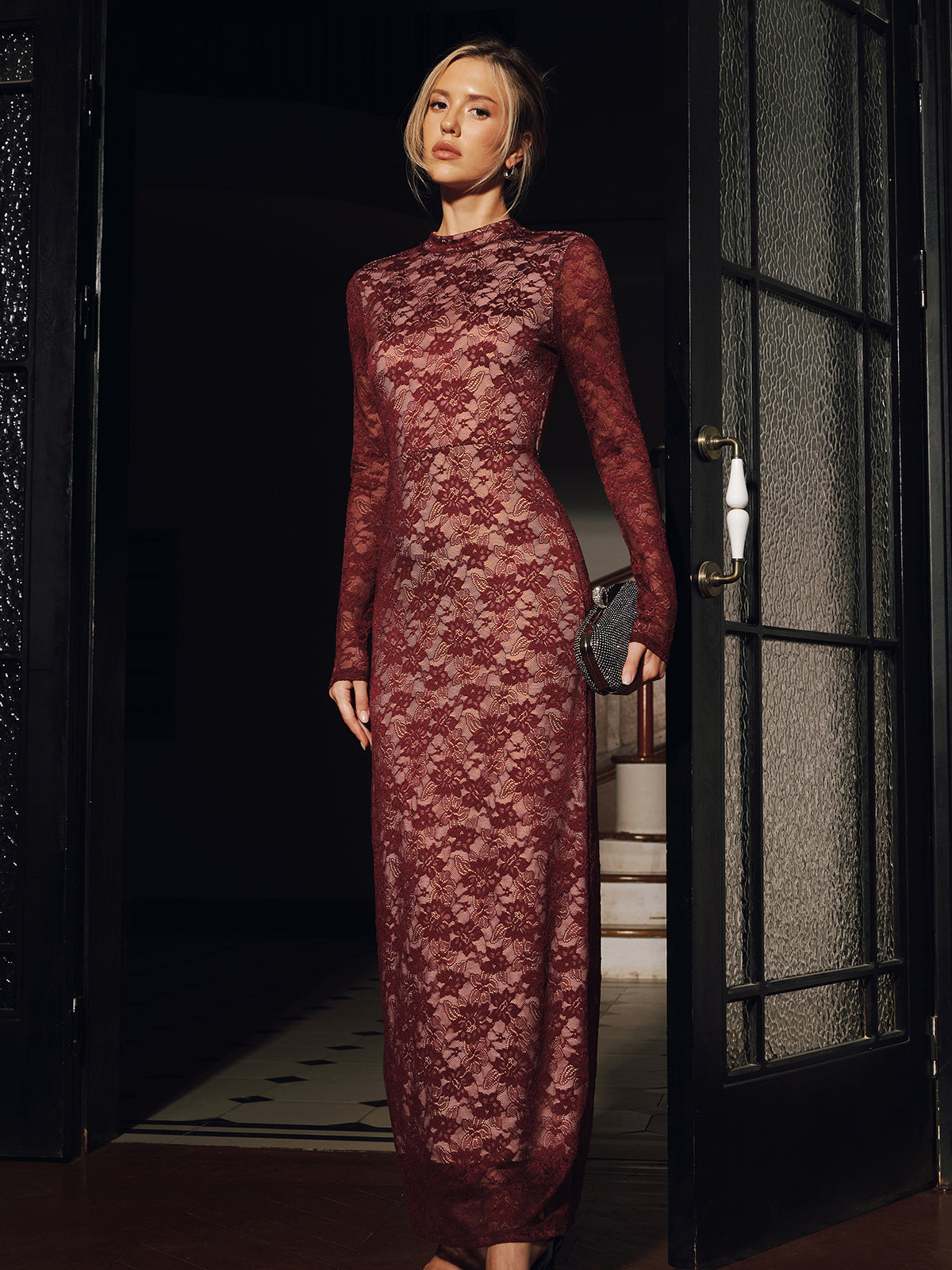 Lace Long Sleeve Fitted Backless Maxi Dress for Evening Events