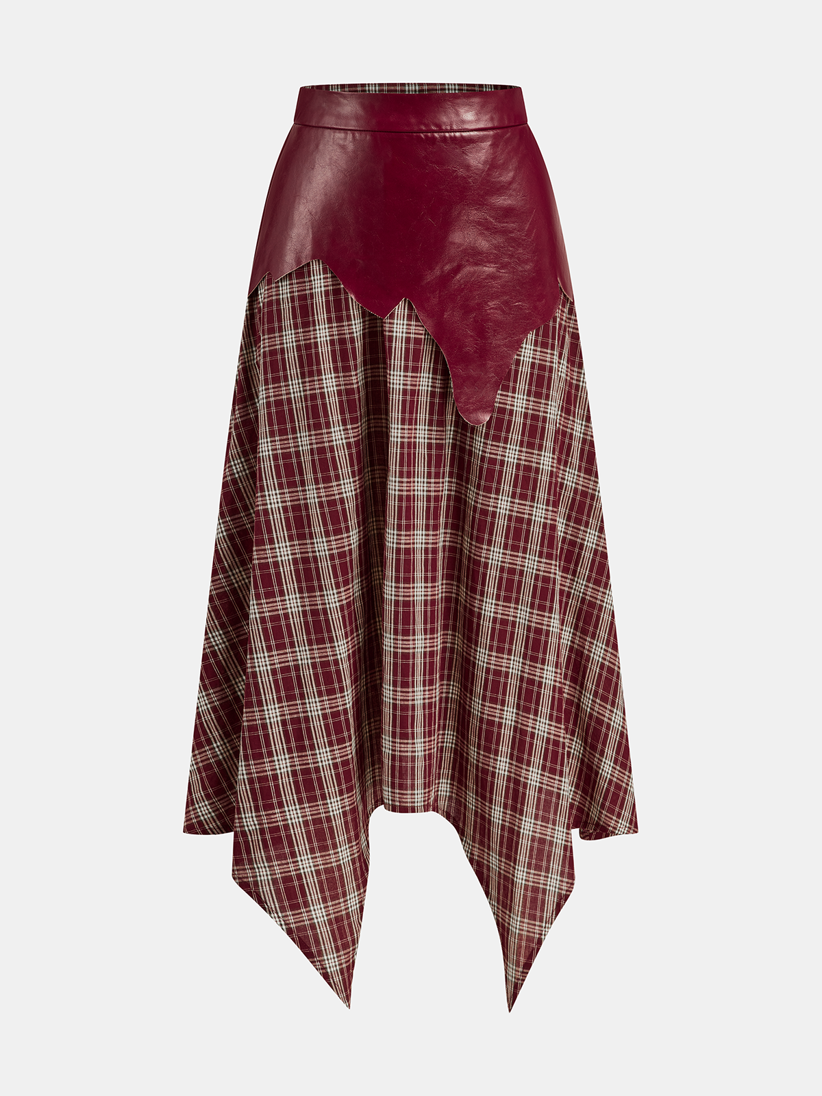Faux Leather Panel Asymmetric Plaid Midi Skirt for Women Winter Fashion