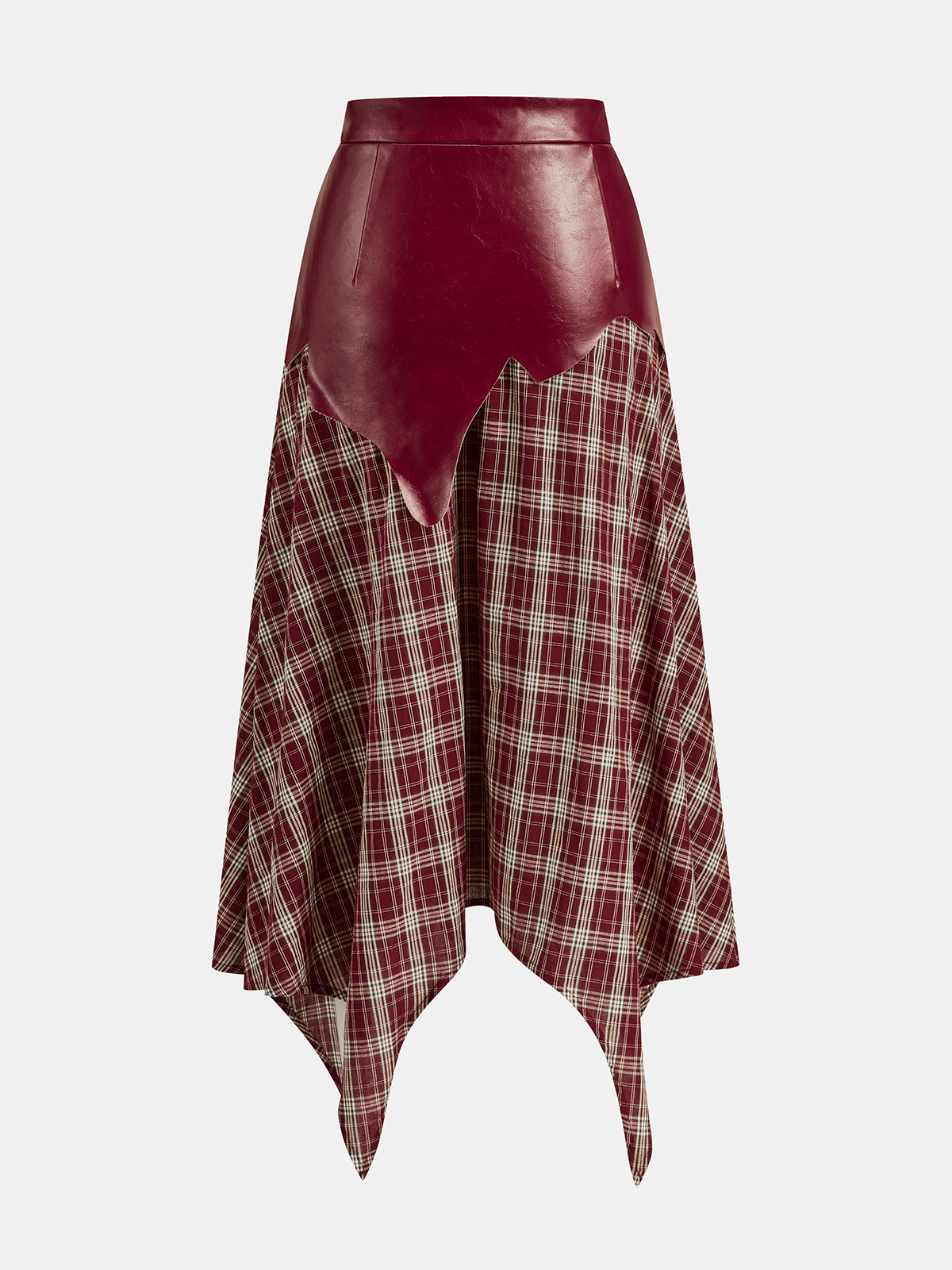 Faux Leather Panel Asymmetric Plaid Midi Skirt for Women Winter Fashion