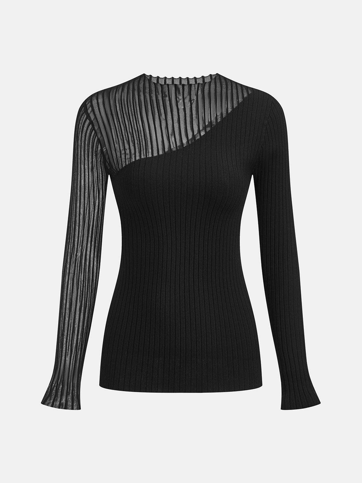 Asymmetric Sheer Mesh Panel Rib-Knit Top with Long Sleeves and Stretch Fit