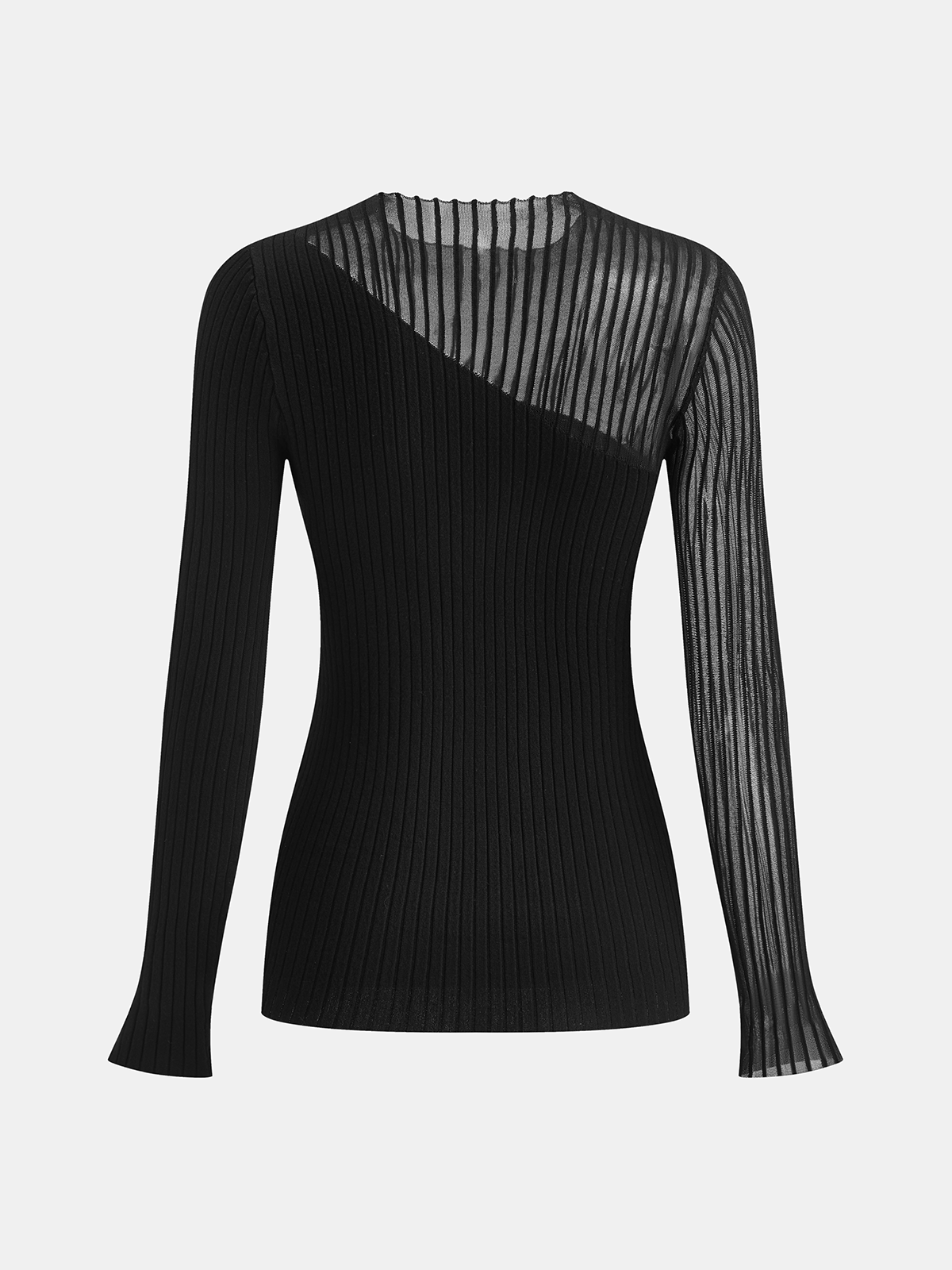 Asymmetric Sheer Mesh Panel Rib-Knit Top with Long Sleeves and Stretch Fit