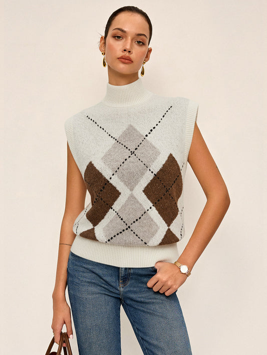 Argyle Turtleneck Knit Vest for Casual Wear