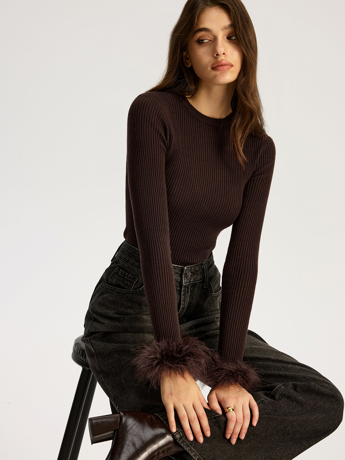 Faux Fur Cuff Ribbed Knit Top Cozy Winter Apparel
