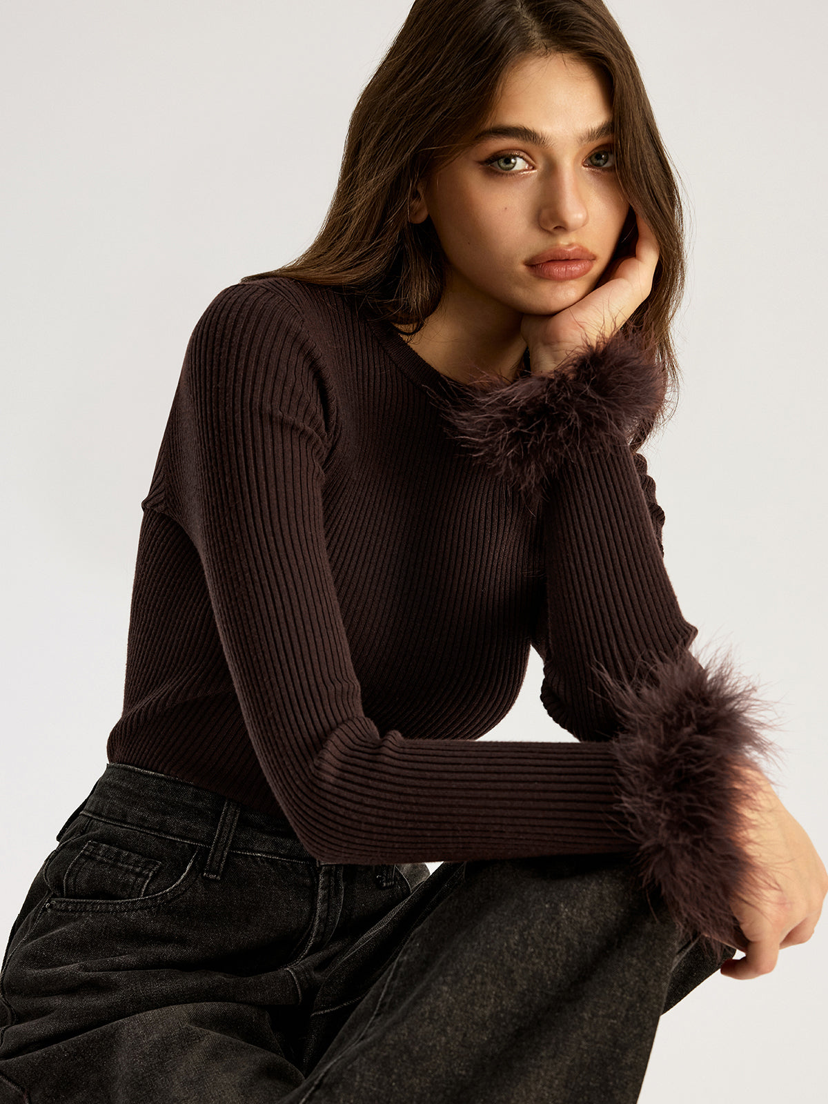 Faux Fur Cuff Ribbed Knit Top Cozy Winter Apparel