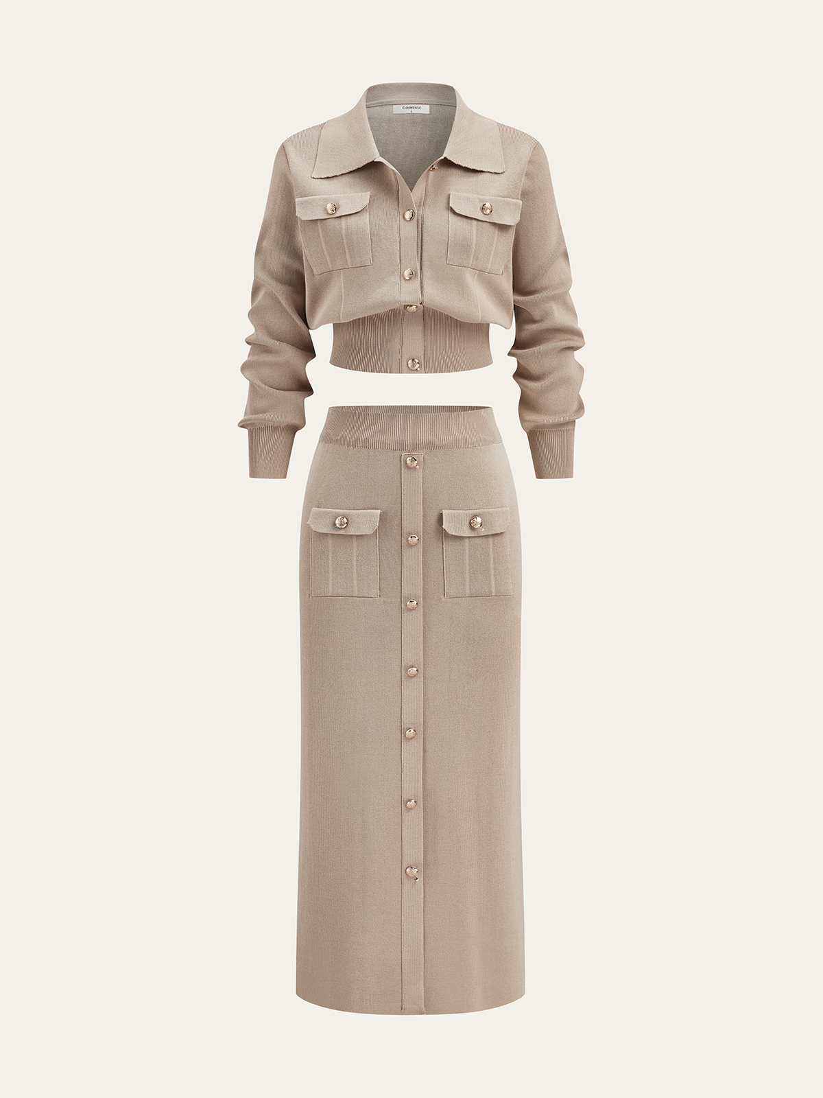 Metal Button Collared Cardigan and Midi Skirt Set, Trendy Women’s Workwear Essentials
