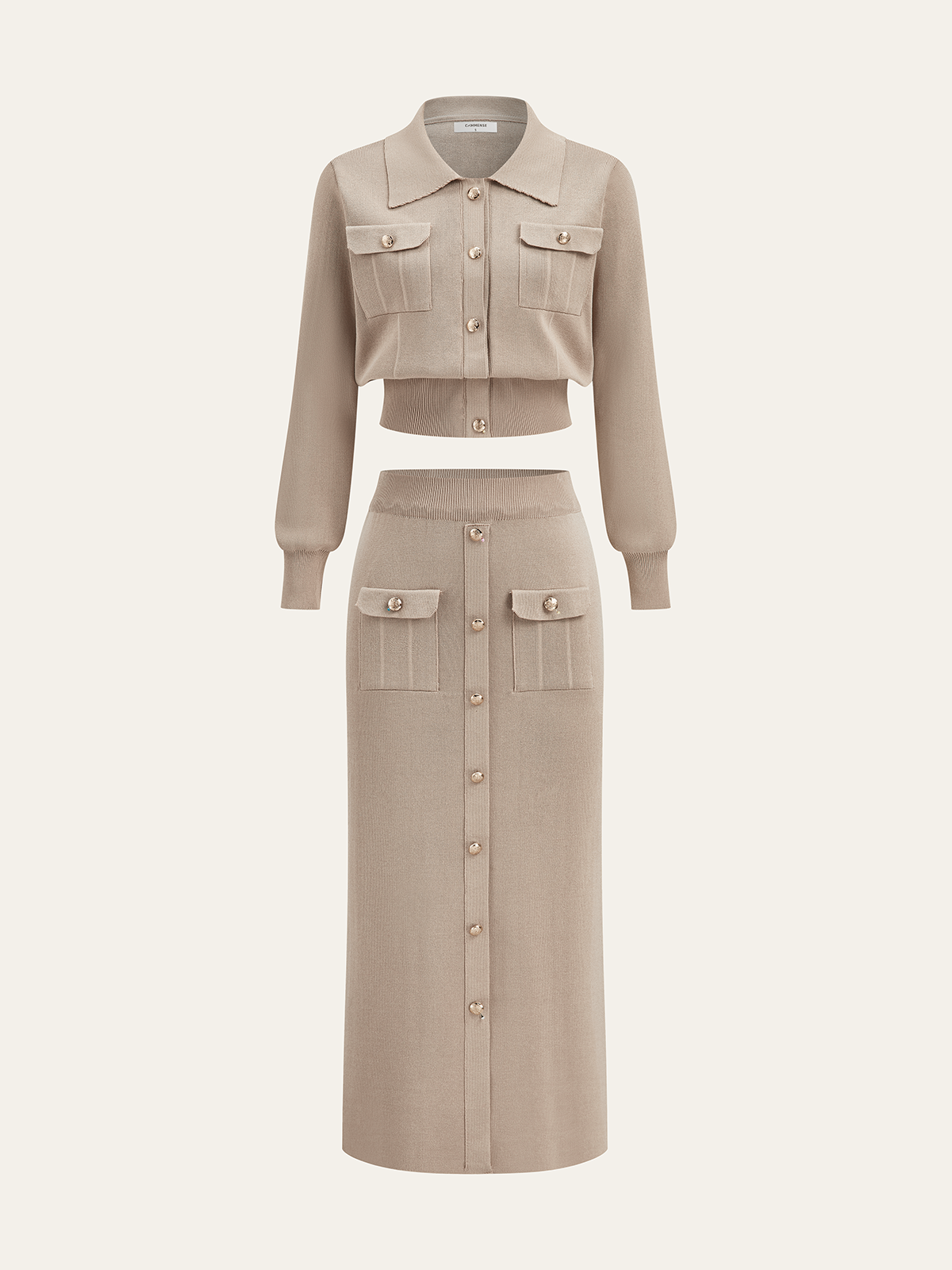 Metal Button Collared Cardigan and Midi Skirt Set, Trendy Women’s Workwear Essentials