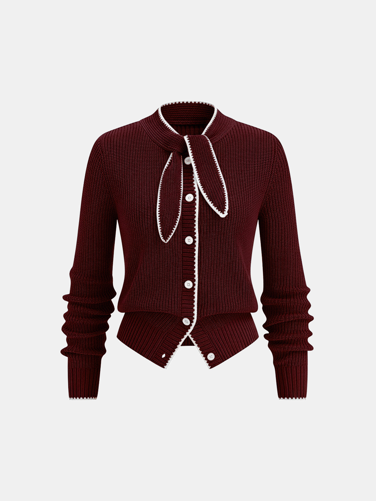 Tie Neck Contrast Trim Wool Blend Cardigan for Women