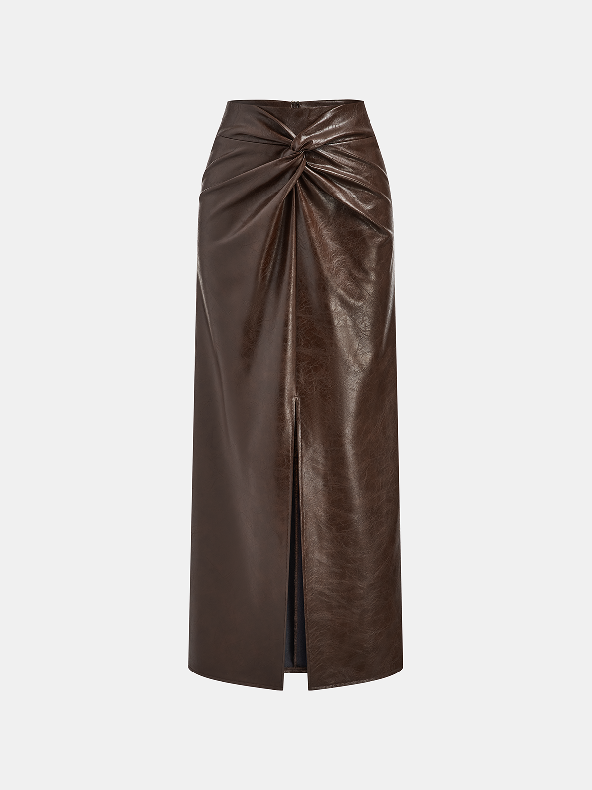 Knot Detail Slit Faux Leather Midi Skirt Women's Trendy High Waist