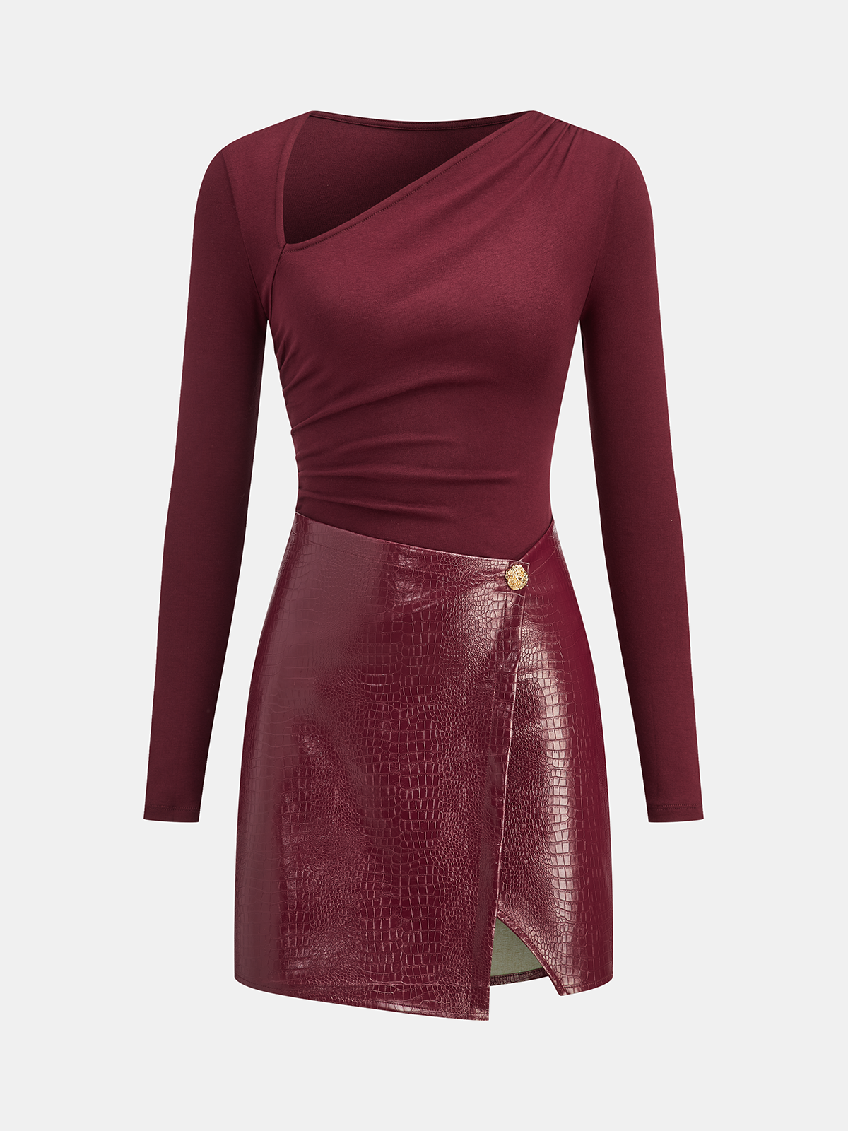 Faux Leather Paneled Knit Mini Dress with Back Zip Closure